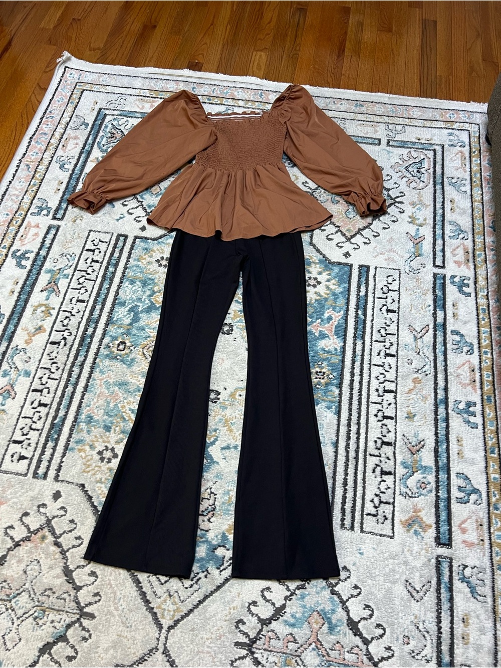 HYFVE Brown Puff-Sleeve Smocked Top with Black Flare Pants